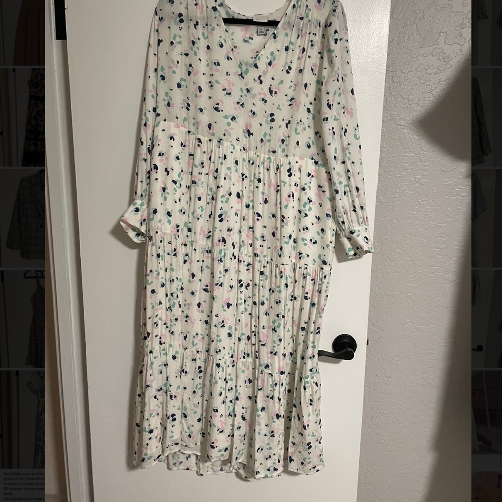 A new Day long sleeve tiered dress, white with colored florals, size M Worn once